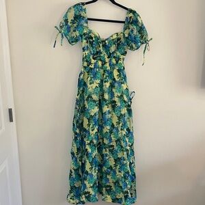 NICHOLAS Yellow Green  Blue Floral Maxi Dress Gathered Smocked Sweetheart size 0